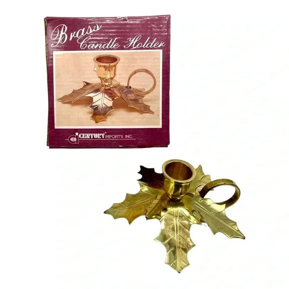 BRASS Holly / Poinsettia Leaf Candlestick Holder w/Ring Shape Handle NIB - Picture 4 of 6